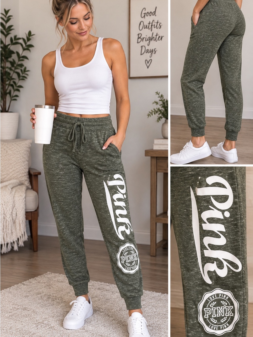 PINK Victoria’s Secret Olive Green Logo Jogger Sweatpants Size L